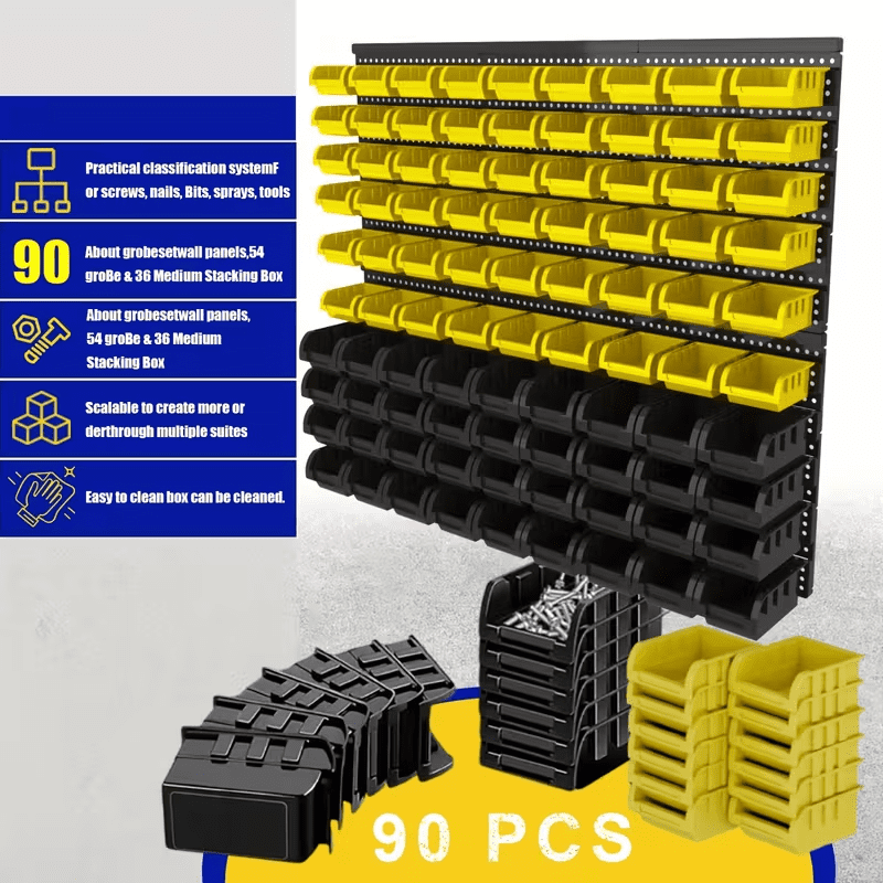 Wall-Mounted Storage Rack System with Bins and Brackets - 90 Pcs Heavy Duty Garage & Workshop Tool Organizer, Stackable for Screws, Nuts, Bolts, Nails, Beads & Small Hardware, Easy Installation