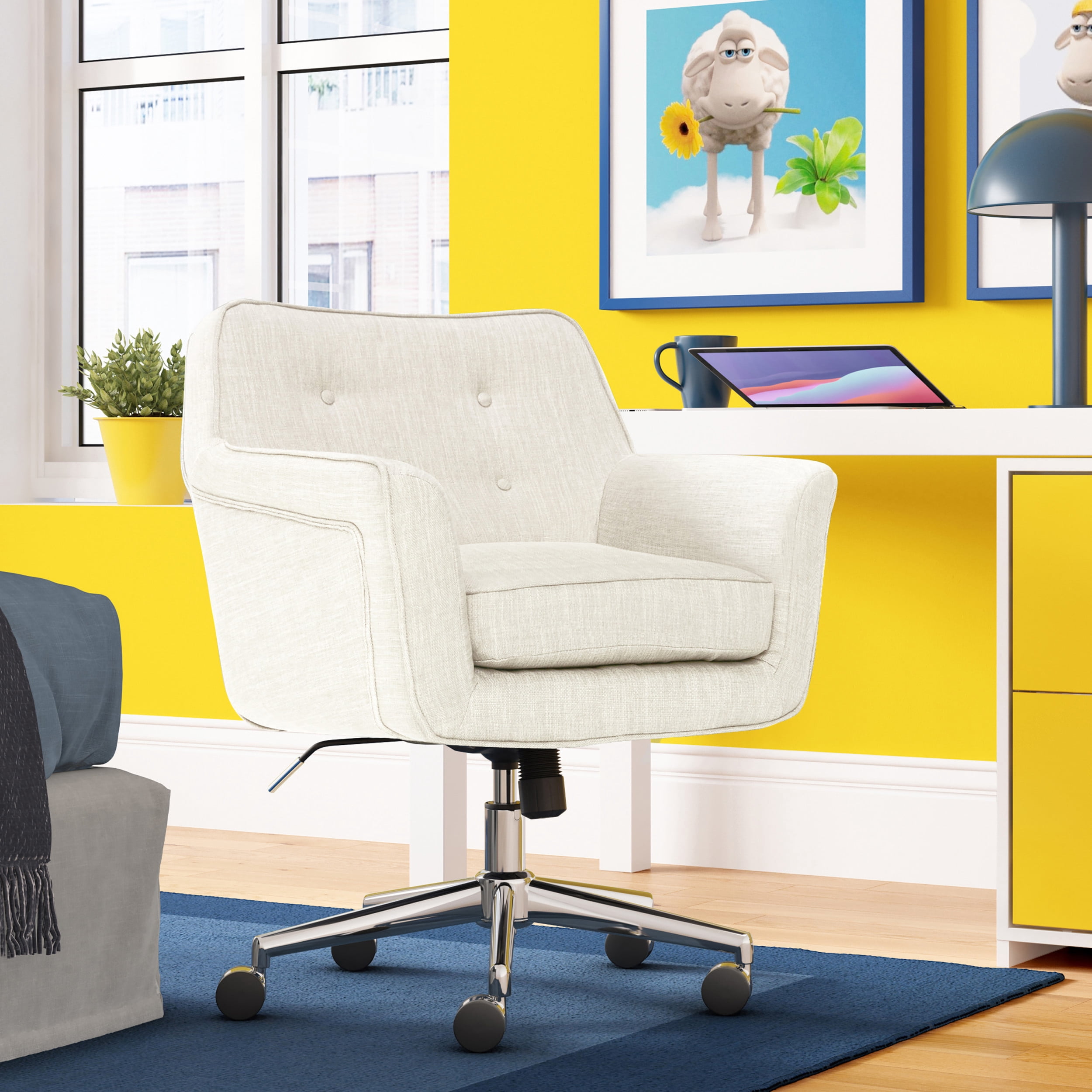 Serta Ashland Home Office Desk Chair with Button Tufted Mid-Back, Memory Foam Cushion and Padded Arms, Modern Vanity Armchair with Wheels for Bedroom, Chrome Metal Base, Ivory