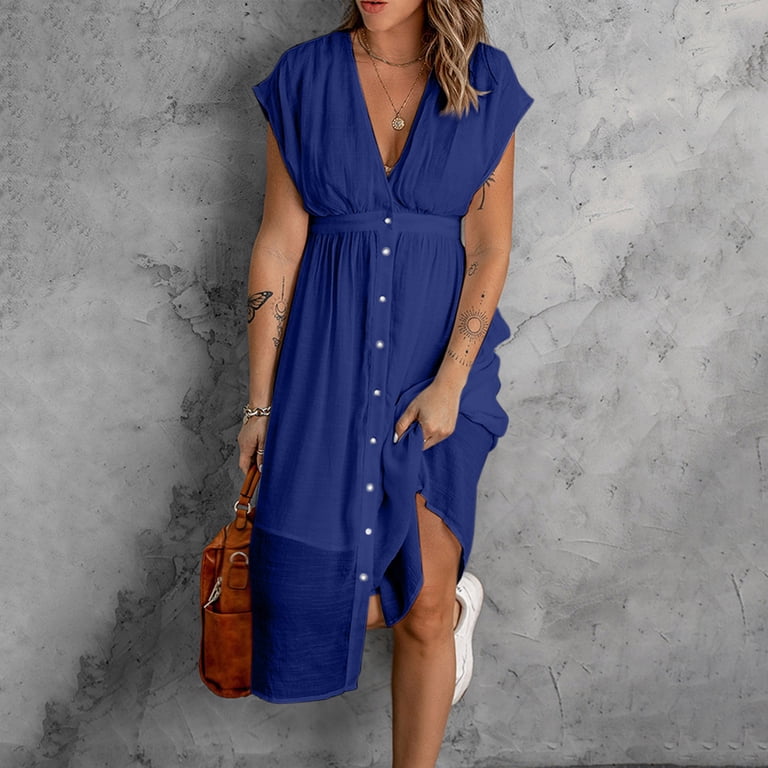 Womens Button Down V Neck Dresses Boho Flowy Tunic Midi Dress Casual Solid Short Sleeve Cover Up Kaftan Dress - Walmart.com Womens Button Down V Neck Dresses Boho Flowy Tunic Midi Dress Casual Solid Short Sleeve Cover Up Kaftan Dress - Walmart.com