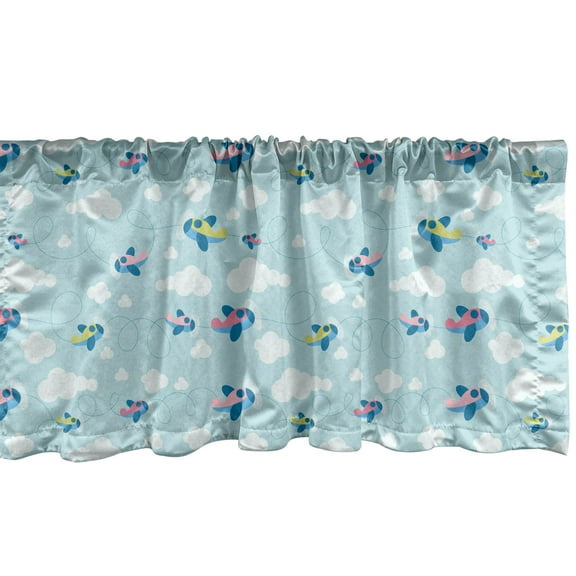 Plane Window Valance Pack of 2, Cartoon Style Sky with Airplanes and Clouds Swirls Scrapbook Design Pattern, Rod Pocket Curtain Valances Kitchen Bedroom, 54" X 18", Pale Blue White Pink, by Ambesonne