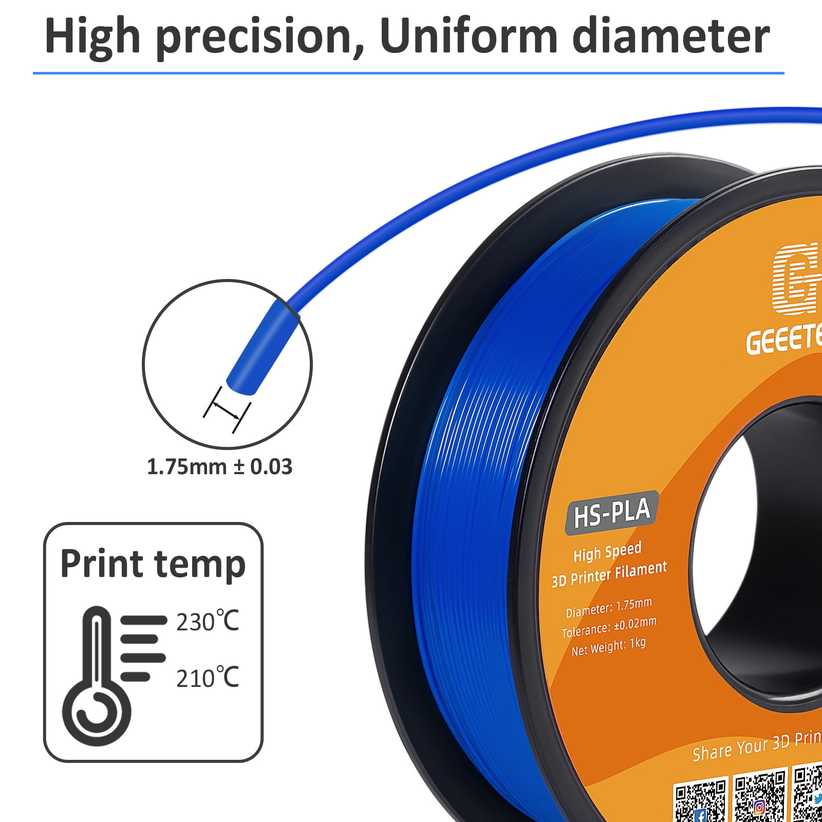 Geeetech 1.75mm PLA 3D Printer Filament, 10kg Spool (22lbs), Dimensional Accuracy +/- 0.03mm,Blue