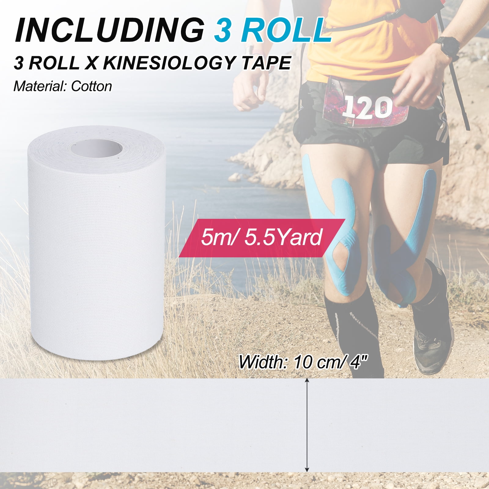 Uxcell 5.5 Yard x 4 inch Kinesiology Tape, 3 Roll Adhesive Cotton Sports Muscle Support Tapes Waterproof Elastic Tape, White