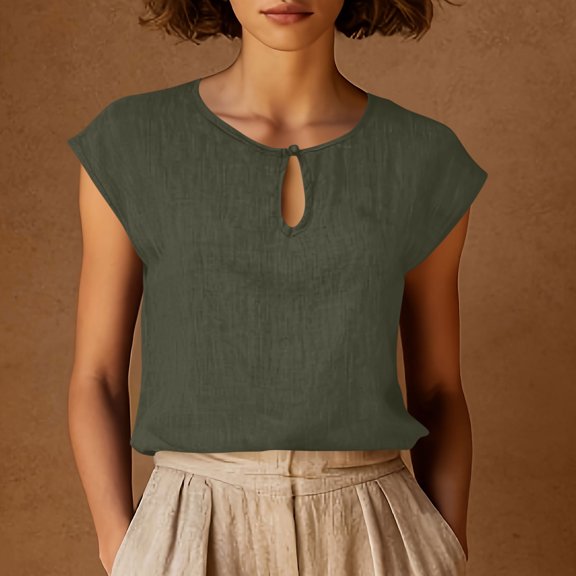 ClodeEU Women's Keyhole Neck Cap Sleeve Linen Blouse, Casual Loose Fit Summer Top Army Green,Women's Plus L