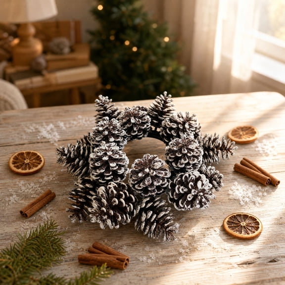 Snow Dusted Pinecone Candle Ring Christmas Wreath Aromatherapy Candle Holder Winter Holiday Table Centerpiece Decoration