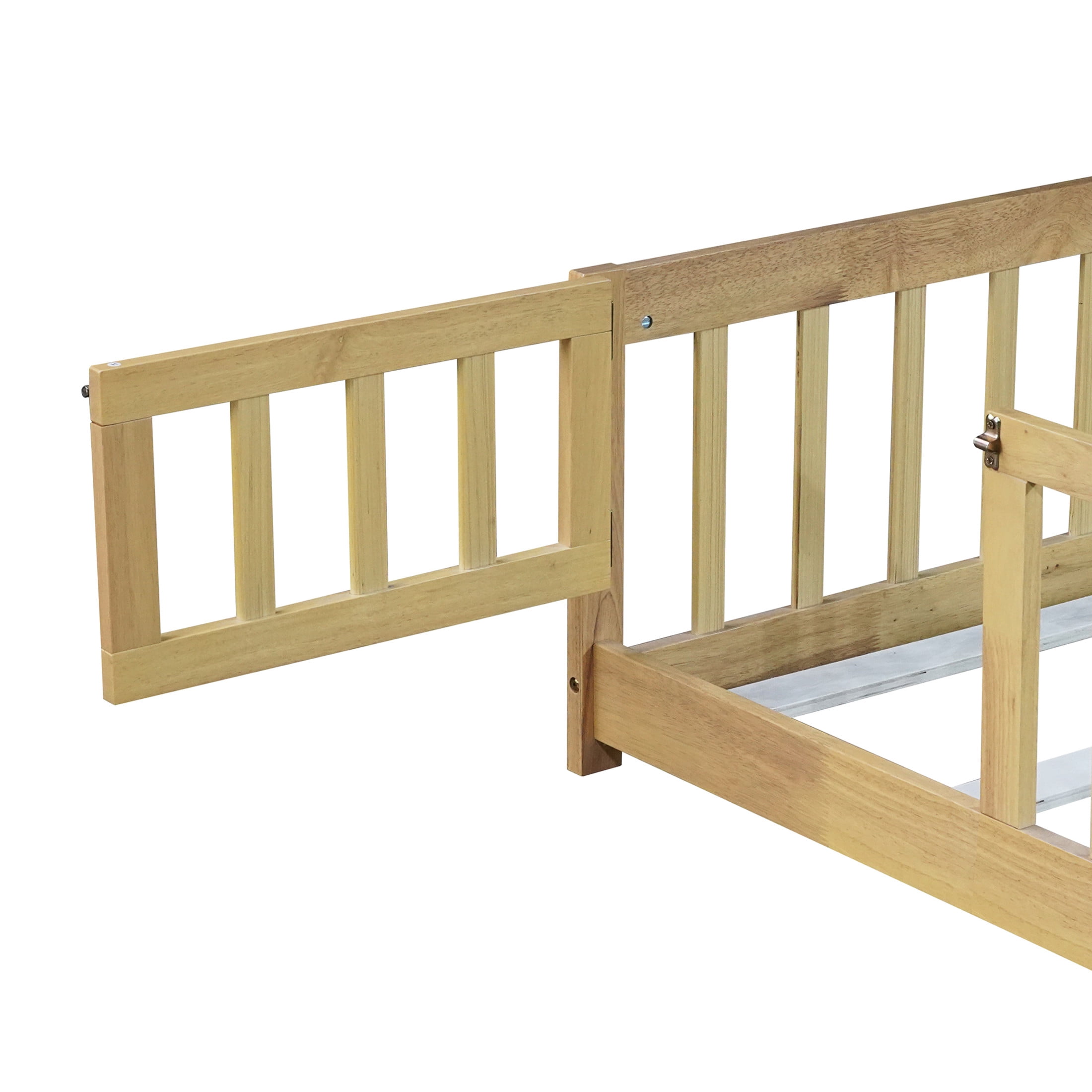 Noble House Mira Full Floor Bed with Fence and Door, Sturdy Rubber Wood Montessori Bed Frame, Kid's Room, Natural