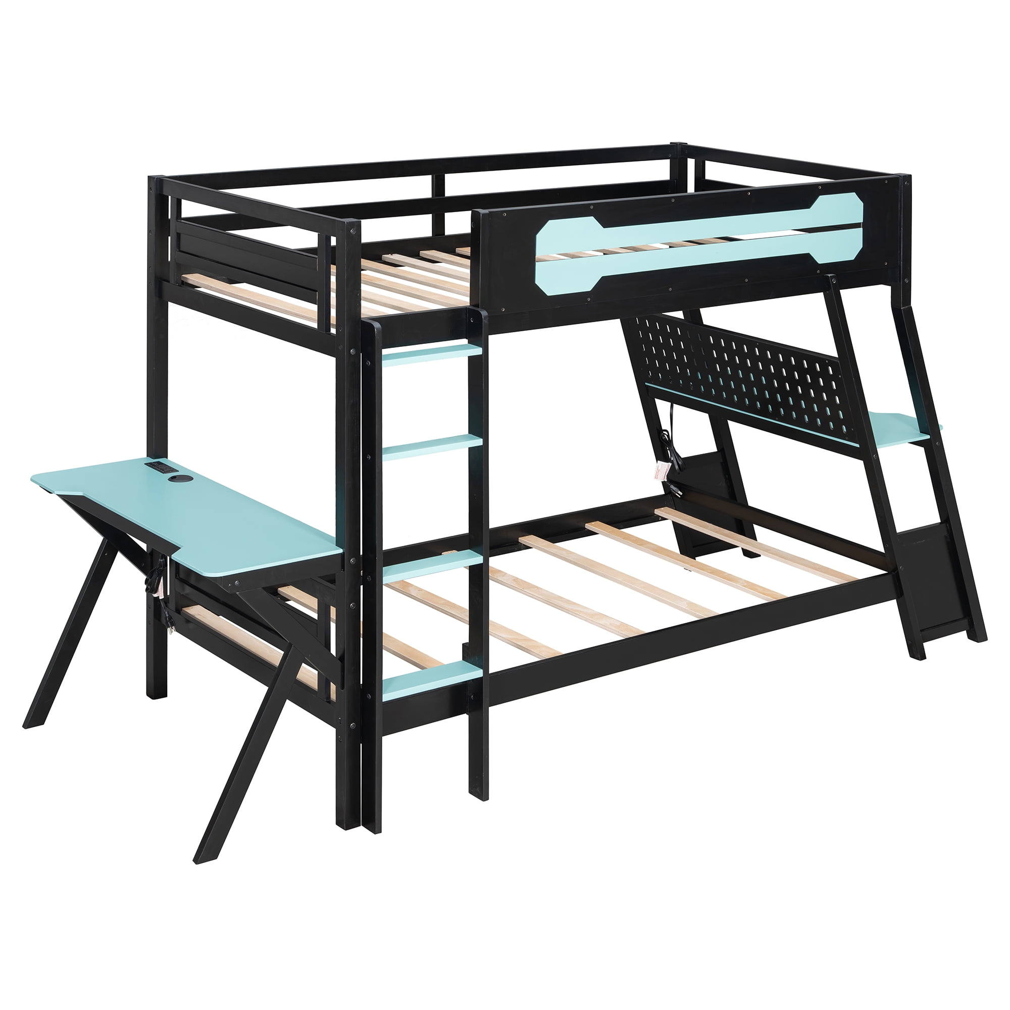Aukfa Twin over Twin Bunk Bed with Built-In Desks, USB Charging Ports & Pegboard Organizer, Wood E-Sports Gaming Bed Frame for Kids/Teens, Blue