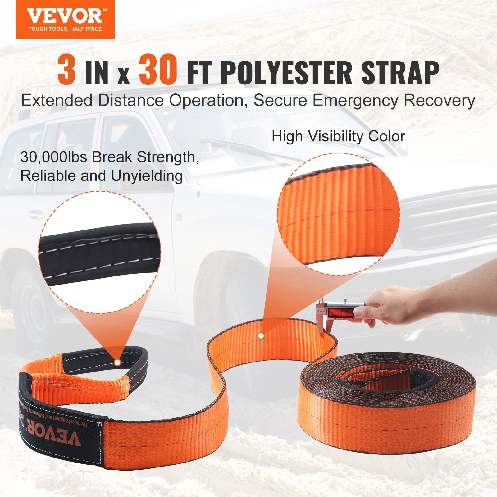VEVOR Off-Road Recovery Kit, 3" x 30',Heavy Duty Winch Recovery Kit with 30000 lbs Tow Straps,44092 lbs D-Ring Shackles, Shackle Receiver,Snatch Block Pulley, Gloves, Storage Bag for ATV Jeep Truck