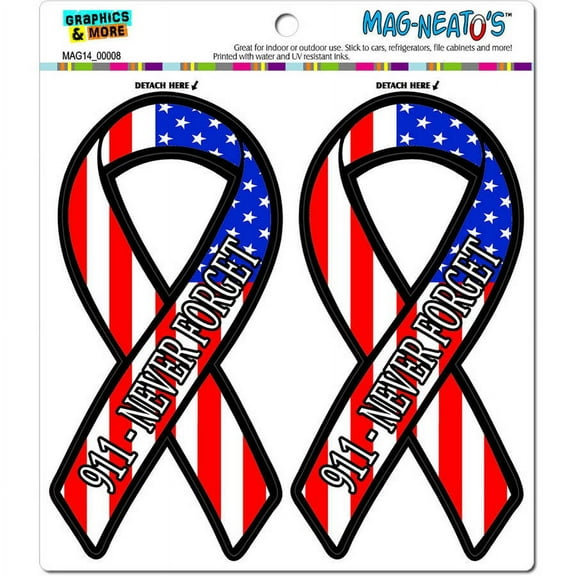September 11th 911 Never Forget USA Flag Support Ribbon Patriotic American United States Automotive Car Refrigerator Locker Vinyl Magnet Set