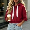 thumbnail image 5 of LEKWK Cropped Hoodie Women Drop Shoulder Short Sleeve Sweatshirt Drawstring Loose Fit Pullover Tops with Pocket Fall Casual Activewear Red M, 5 of 7