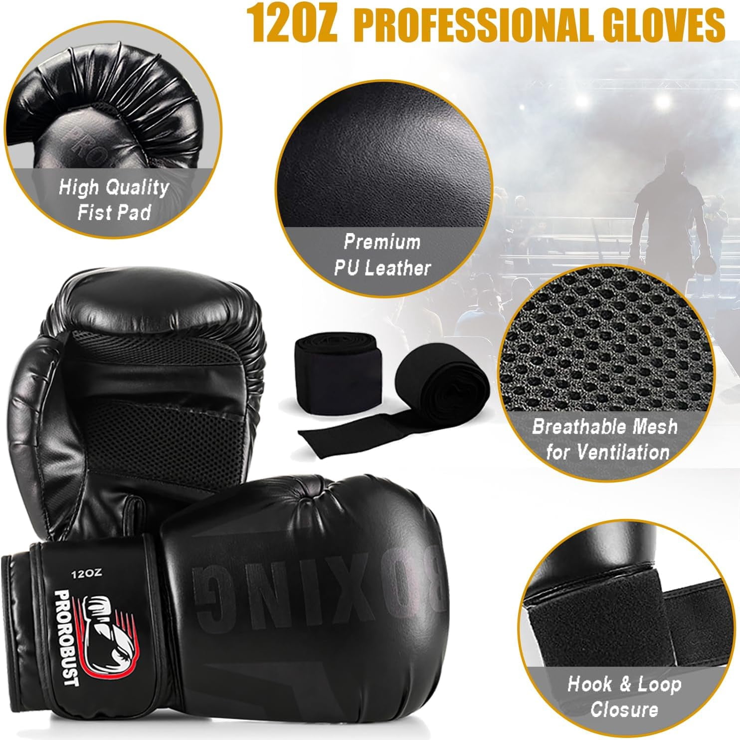 Prorobust Punching Bag for Adults, 4ft Black PU Heavy Boxing Bag Set with 12oz Gloves for MMA Kickboxing Boxing Karate Home Gym Training (Unfilled)