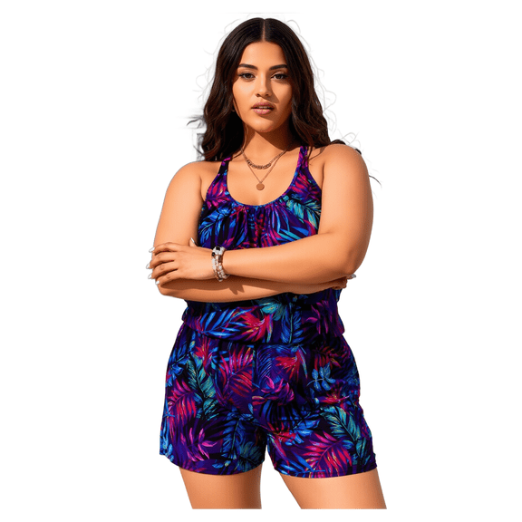 Plus Size Swim Romper Modest Swimsuits for Women One Piece Bathing Suit Shorts Swim Suit with Pockets