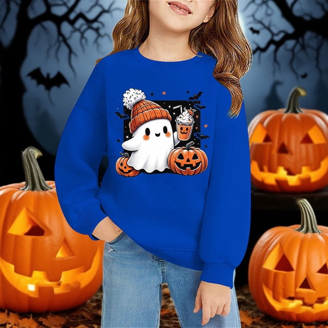 Chandail en Molleton Décontracté et à la Mode pour Enfants Halloween Imprimé 2D Col Rond Manches Longues Bleu