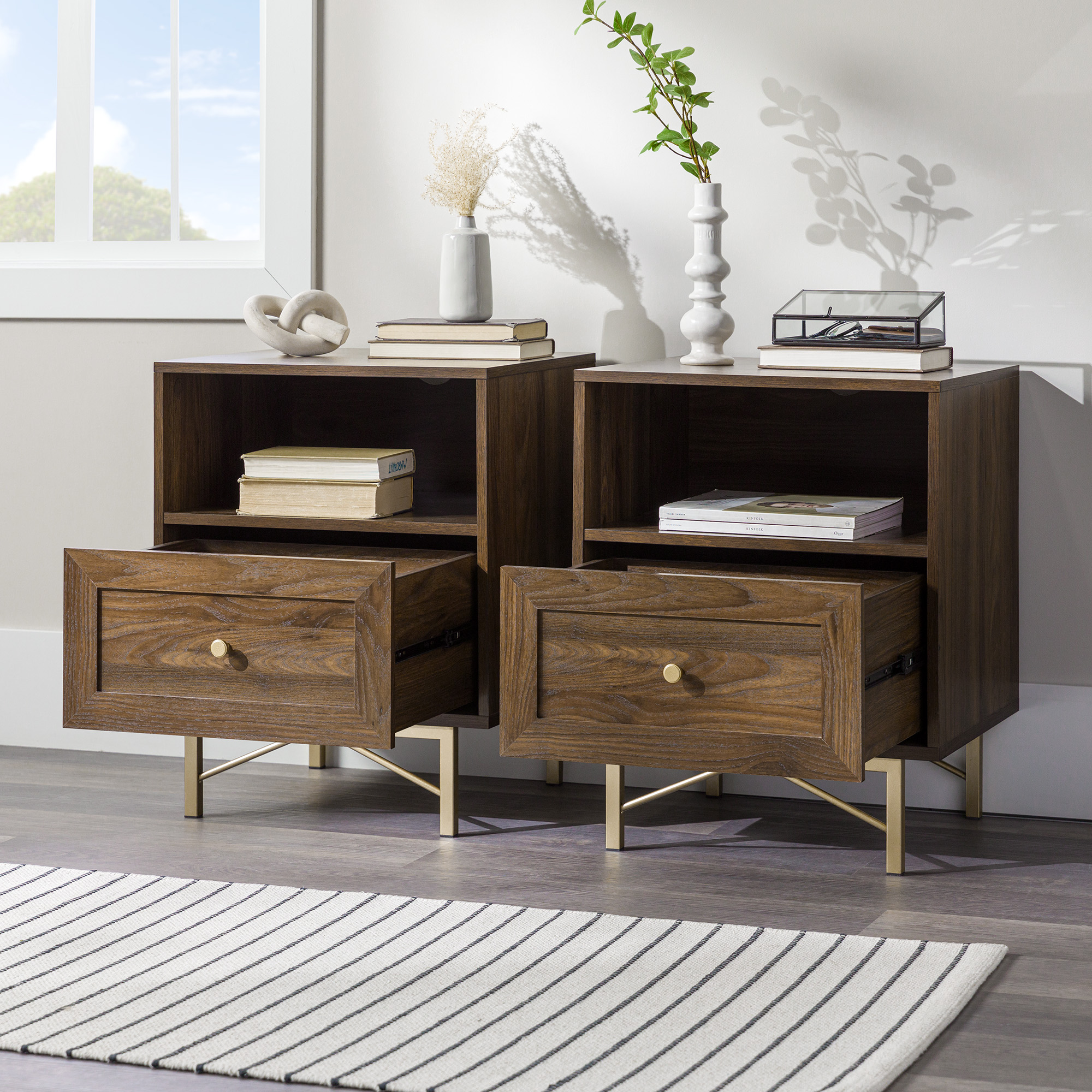 Walker Edison Modern Single Drawer Nightstand, Set of 2, Dark Walnut