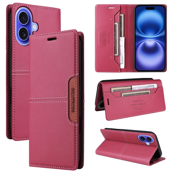 Compatible WIth iPhone 16 Wallet Case,Magnetic Closure,Flip Folding Kickstand,With Card Slots,[RFID Blocking],With Shoulder Strap&Lanyard,PU Leather TPU Shockproof Anti-fall Phone Case,Red