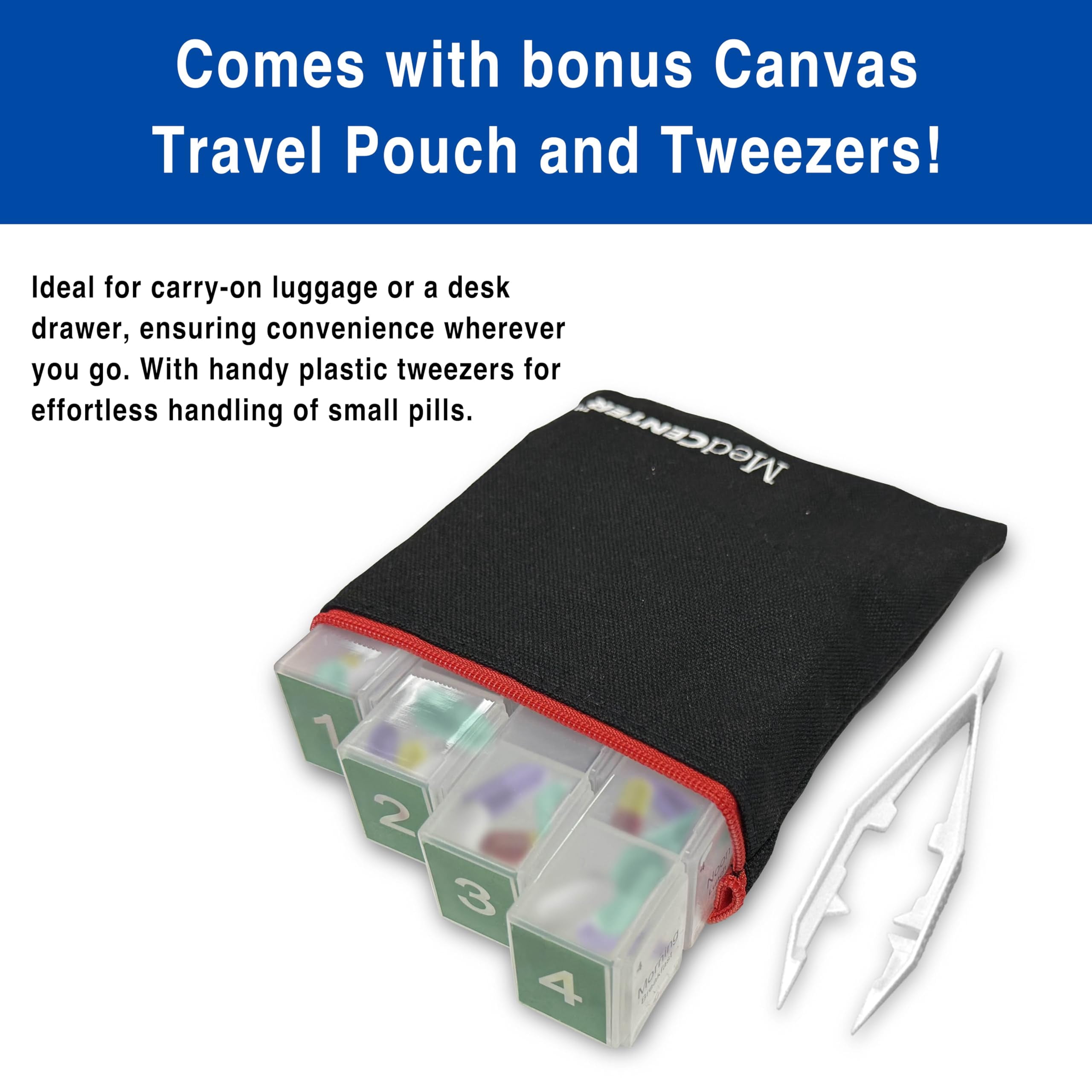 MedCenter 31-Day HSA/FSA Low Profile Pill Organizer with Travel Pouch & Tweezers – Monthly Medication Management System with Daily Labeled Pill Boxes for Home & Travel Use