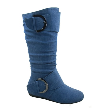 

Bank-81 Women s Fashion Zipper Big Buckle Slouch Casual Flat Heel Mid Calf Round Toe Boots