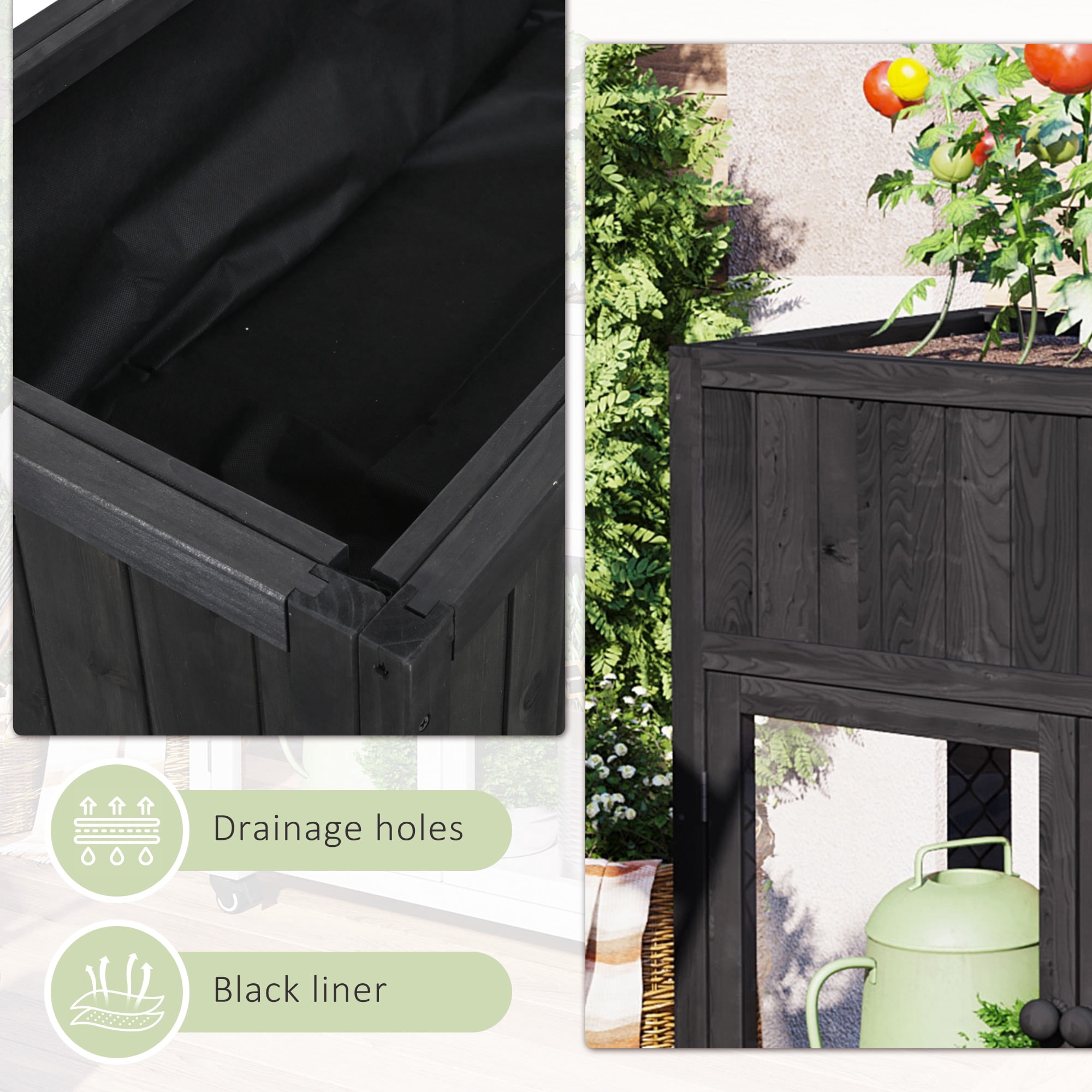 Yoneston Patio Mini Wood Cold Frame, 35.4''x17.7''x37.4'',Compact 2 Doors Garden Greenhouse with Wheels, Raised Bed with Liner for Indoor Outdoor Use, Black