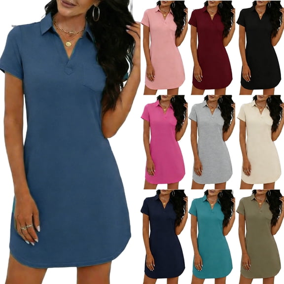 Bixock Summer Dresses for Women Solid Color Lapel Collar Short Sleeve Casual Dress High Waist A Line Loose Straight T Shirt Loungewear Office Midi Dress