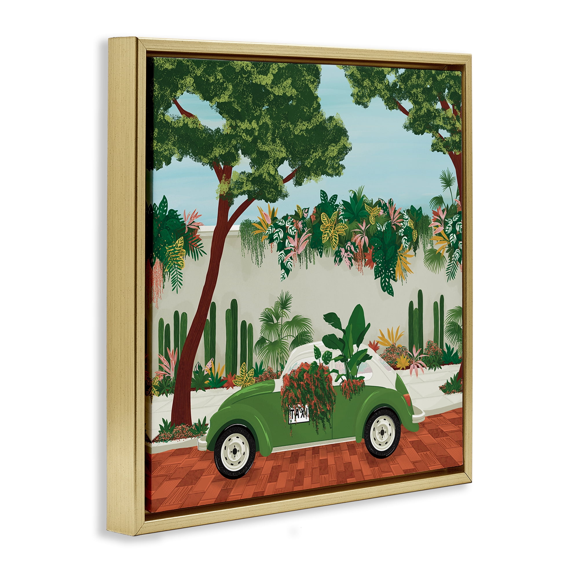 Stupell Industries Overgrown Garden Taxi Gold Framed Floater Canvas Wall Art, design by Vero Illustrates