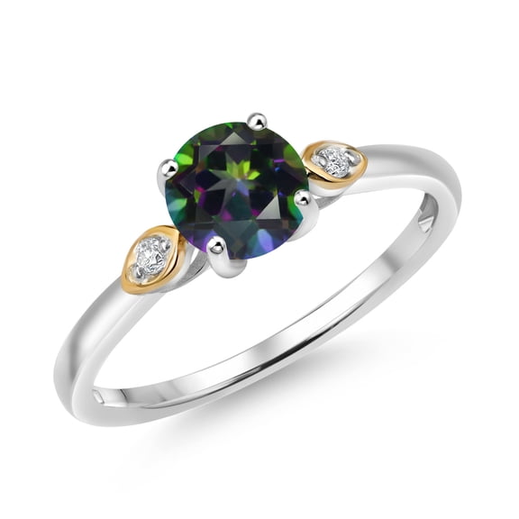Gem Stone King 925 Silver and 10K Yellow Gold Green Mystic Topaz and White Lab Grown Diamond 3-Stone Engagement Ring for Women (1.03 Cttw, Round 6MM, Gemstone November Birthstone, Size 9)