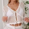thumbnail image 2 of Tqyyweavej Bathing Suit Crochet Coverups for Women Hollow Out Print Tie Front Beach Cover Up Solid Color Long Sleeve Loose Swimsuit Cover Up, 2 of 8