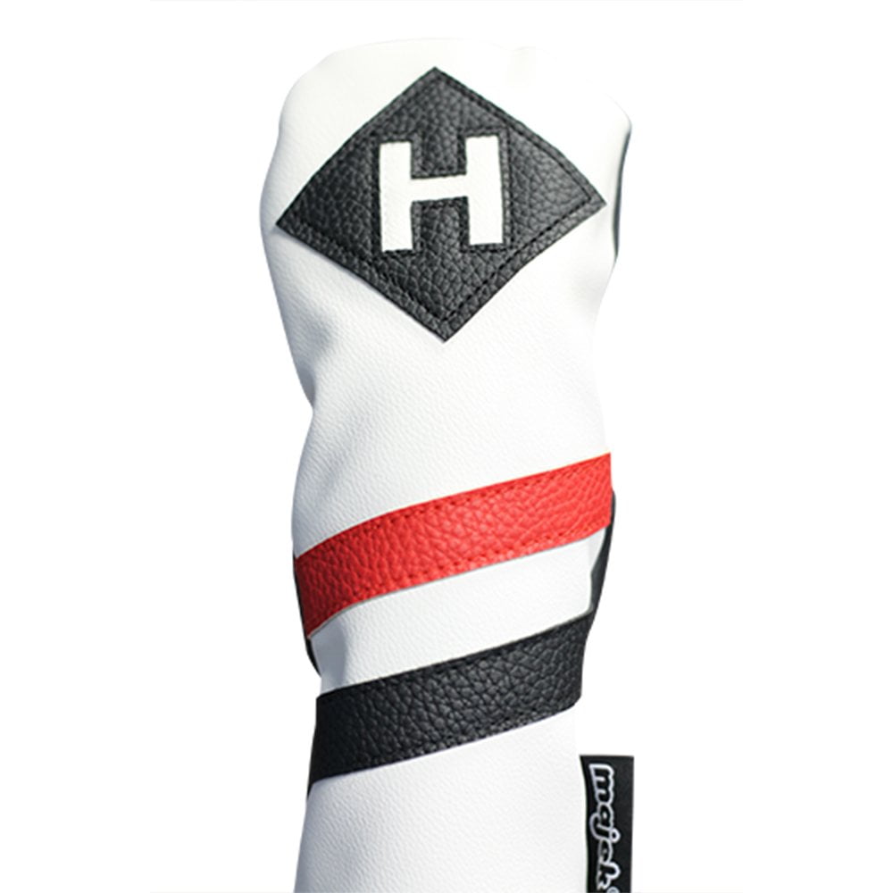 Majek Retro Golf Headcover White Red and Black Vintage Leather Style Hybrid Head Cover Classic Look, Wheel Tag Includes Numbers 3 through 7 plus X