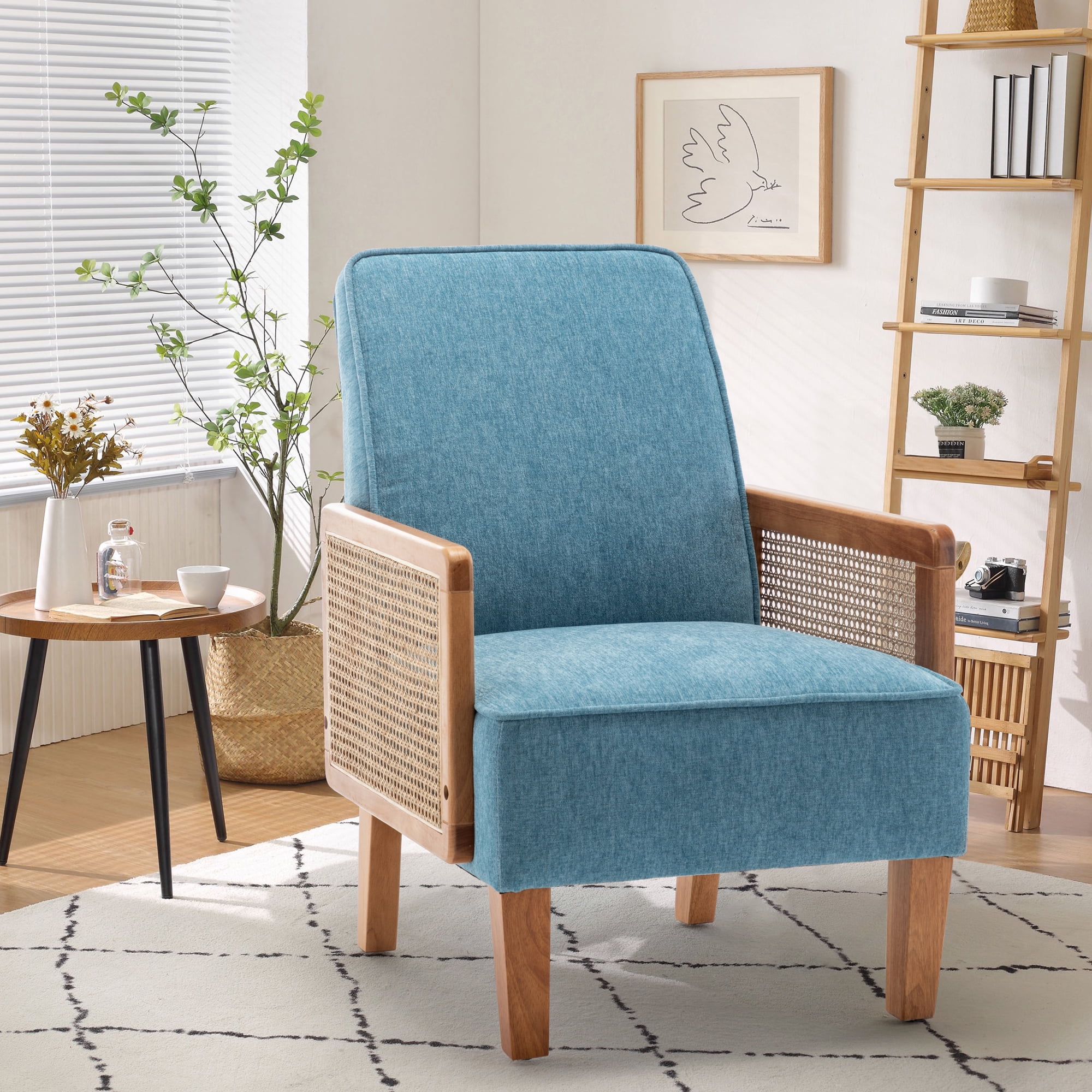 Andeworld Accent Chair,Mid-Century Armchairs With Rattan Armrests,Modern  Living Room Chairs For Bedroom Reading Room(Set Of 2,Blue) - Walmart.Com