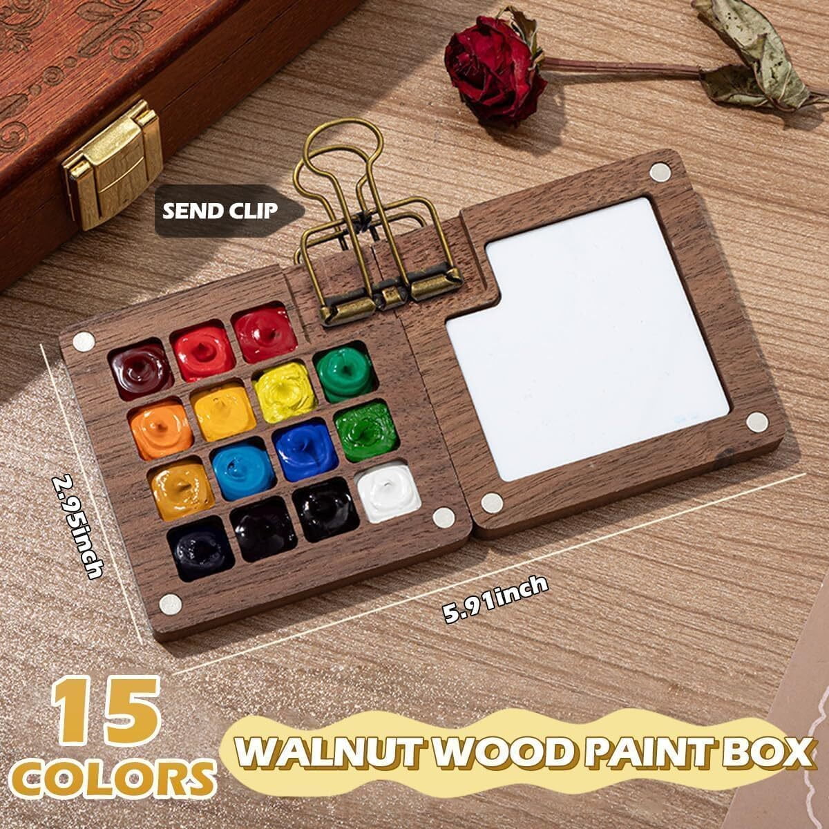 Wiher Mini Watercolor Set, 24-color Portable Paint Set with Wooden Grid Box Picture Book Wate Pen and Metal Clip for Painters Artists Students (15 Grids)