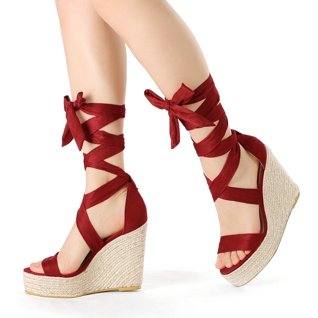 red lace up wedges