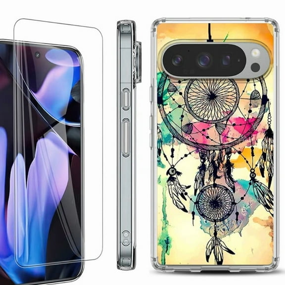 For Google Pixel 9 Pro XL Phone Case Cover, Shockproof Bumper Case with Tempered Glass Screen Protector, by OneToughShield - Dream Catcher Color