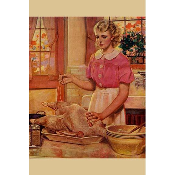 Young Mother Sews up a Turkey- Fine Art Canvas Print (20" x 30")