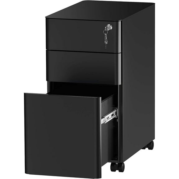 3-Drawer Metal Filing Cabinet Office Drawers with Keys, Compact Slim Portable File Cabinet, Pre-Built Office Storage Solution for A4/Letter/Legal, Black