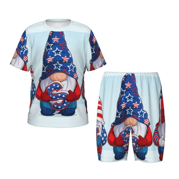 Fotbe Cute Gnomes in USA1 Pijama Estampada de 2 Piezas para Niños – Ropa de Dormir de Manga Corta Cómoda para Niños y Niñas, Camiseta y Shorts de Algodón-4X-Large