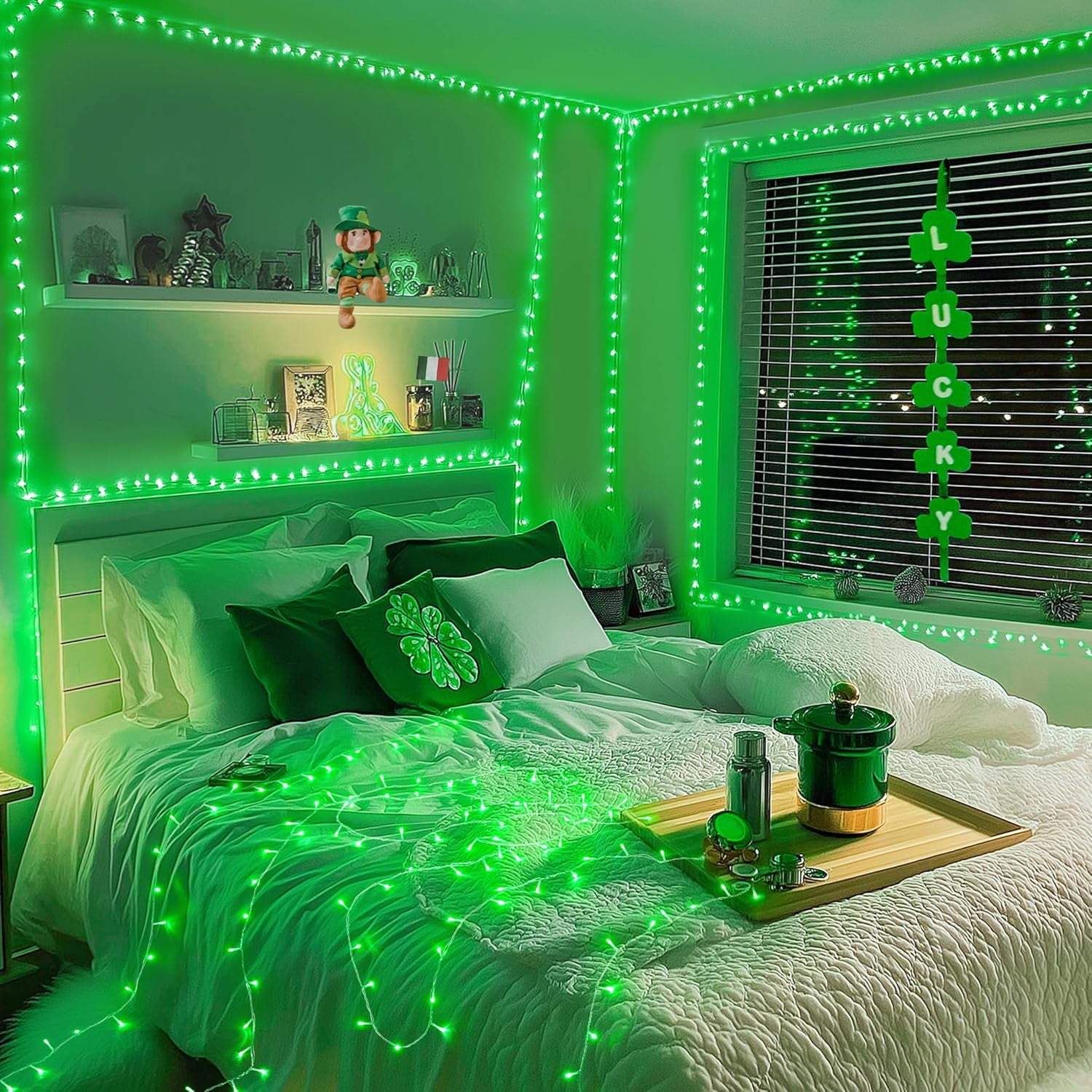 JMEXSUSS Green St Patricks Day Lights Indoor Outdoor Clear Wire, 200 LED Green Christmas String Lights for St Patricks Day Spring Tree Garden Decor, Connectable