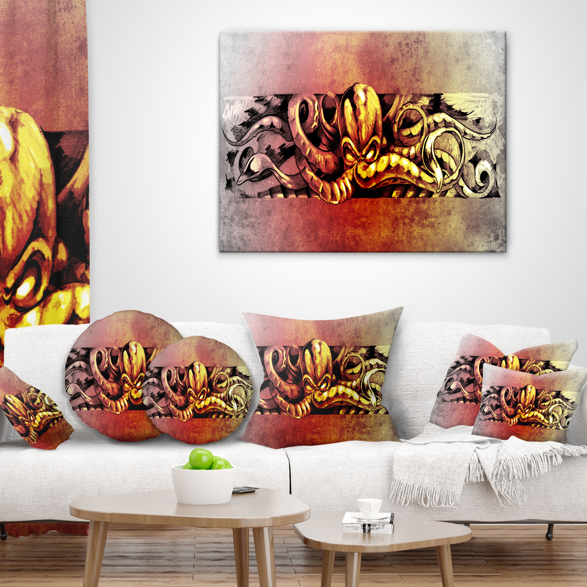 Designart Octopus Sketch in Yellow Shade - Animal Throw Pillow - 12x20