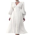 thumbnail image 3 of Robe Maxi Formelle en Satin pour Femmes Manches Longues Bouffantes Col en V Profond Taille Empire Robe de Soirée Cocktail Rouge Vin TG, 3 of 8