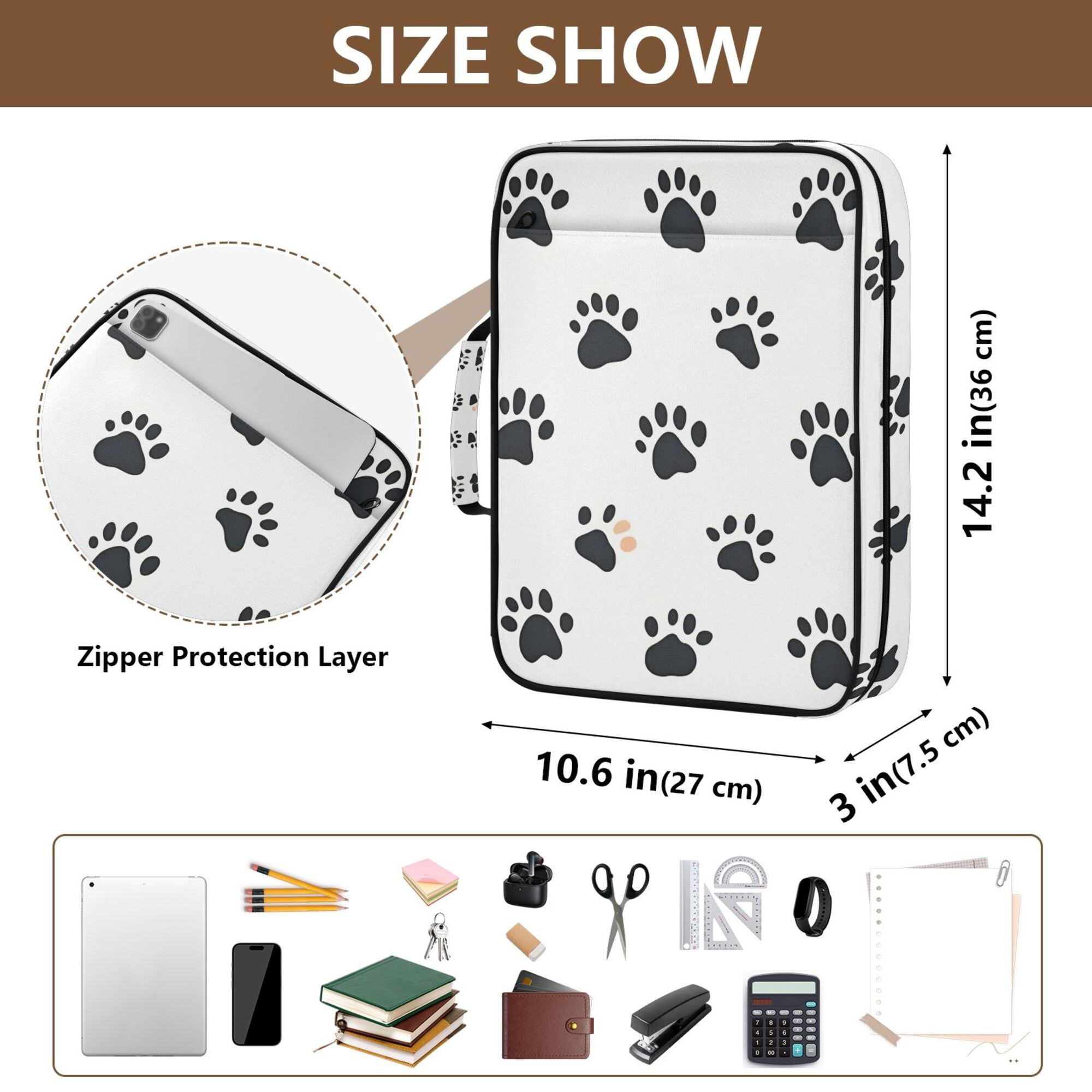 FORMRS Accordion File Folder A4 Size 7-Pocket Expanding Document Organizer Bag with 3 Ring Binder, Black Cartoon Cat Paw