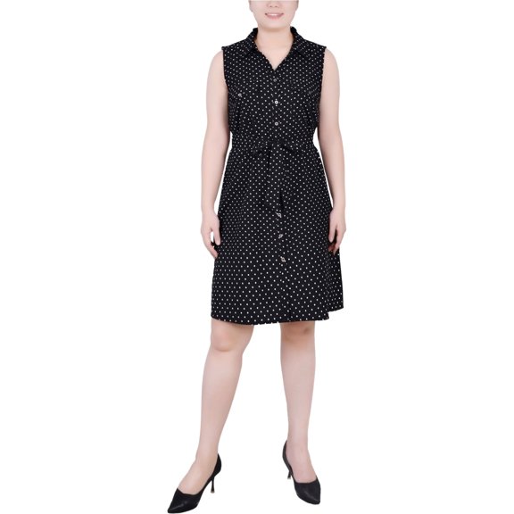 NY Collection Womens Printed Sleeveless Shirt Dress, Black, Petite, PM