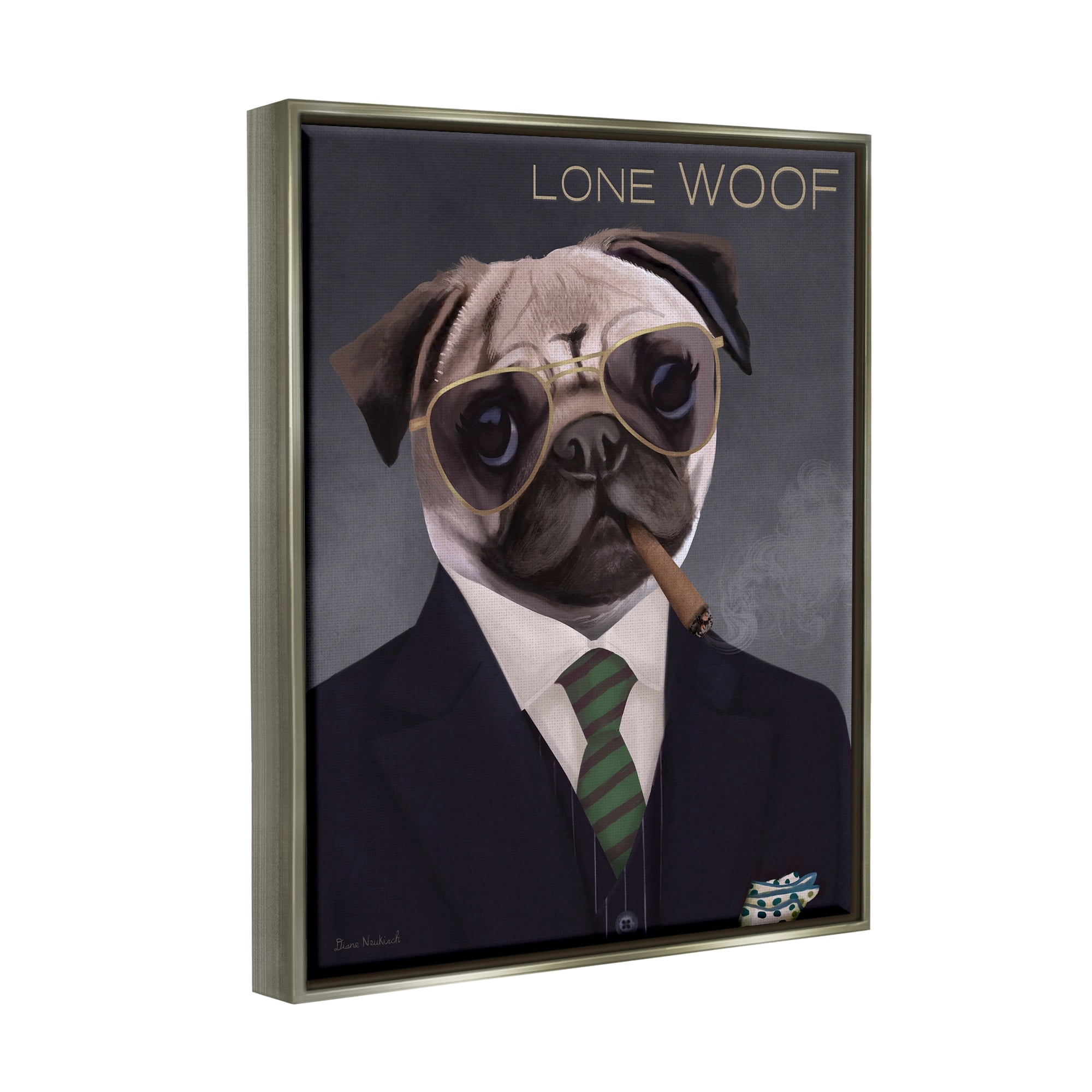 Stupell Industries Lone Woof Pug Dog Smoking Cigar Necktie Graphic Art Luster Gray Floating Framed Canvas Print Wall Art, Design by Diane Neukirch