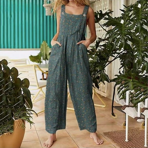 ICHUANYI Clearance Womens Fashion Ethnic Style Patchwork Vintage Printed Buttons Suspender Jumpsuit ICHUANYI "ICHUANYI"