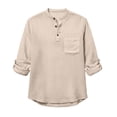 thumbnail image 4 of BiZtdJrK Mens Henley Shirts Cotton Linen Rolled Up Long Sleeve Travel Vacation Tee Tops Button Up Crew Neck Casual T Shirt with Chest Pocket Khaki M, 4 of 5