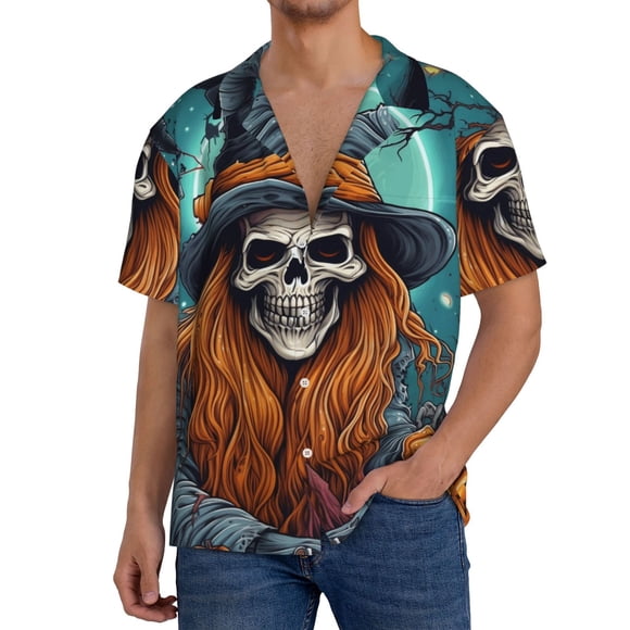 Vsdgher Cartoon Pumpkin Skull Print Men's Cuban Shirt, Hawaiian Shirts, Business Casual Button Down Shirts, Short Sleeve Shirt-4X-Large