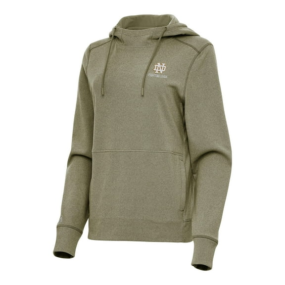 Women's Antigua Olive Notre Dame Fighting Irish Justice Pullover Hoodie