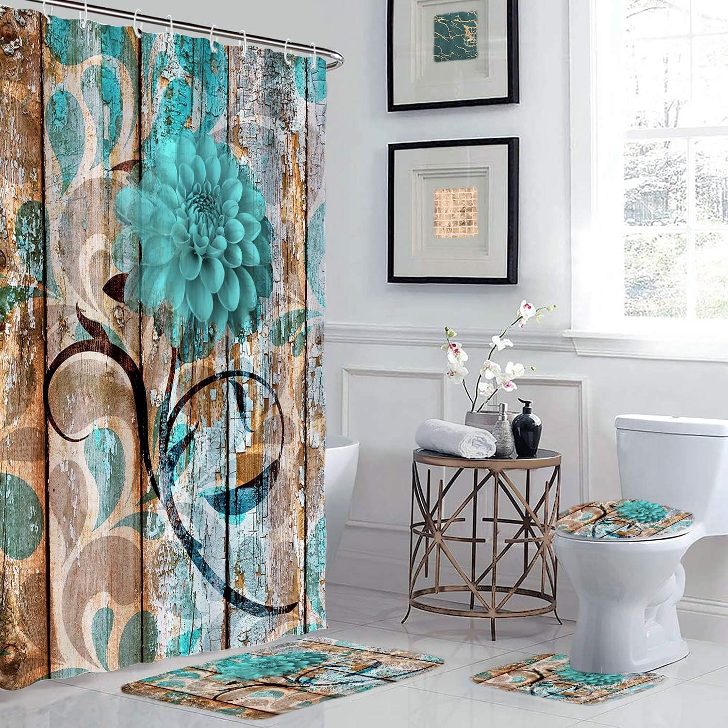 4 Pcs Rustic Teal Daisy Floral Shower Curtain Sets with Rugs, Toilet Lid Cover Bath Mat, Farmhouse Floral Flower Bathroom Curtain Set Fabric Turquoise Blue Flower on Grey Wooden Curtains…