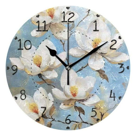 Elegant White Magnolia Flowers Round Wall Clock Silent Battery Operated Home Decor for Living Room Bedroom