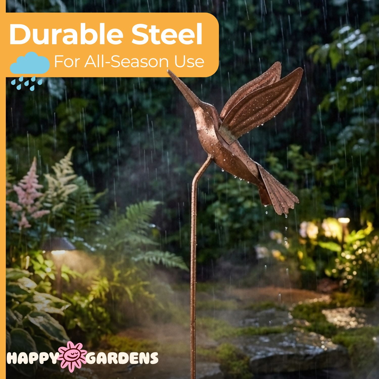 Happy Gardens Metal Hummingbird Decorative Stake (30” Tall - Flamed Finish)  Large Outdoor Yard Art, and Outside Decor