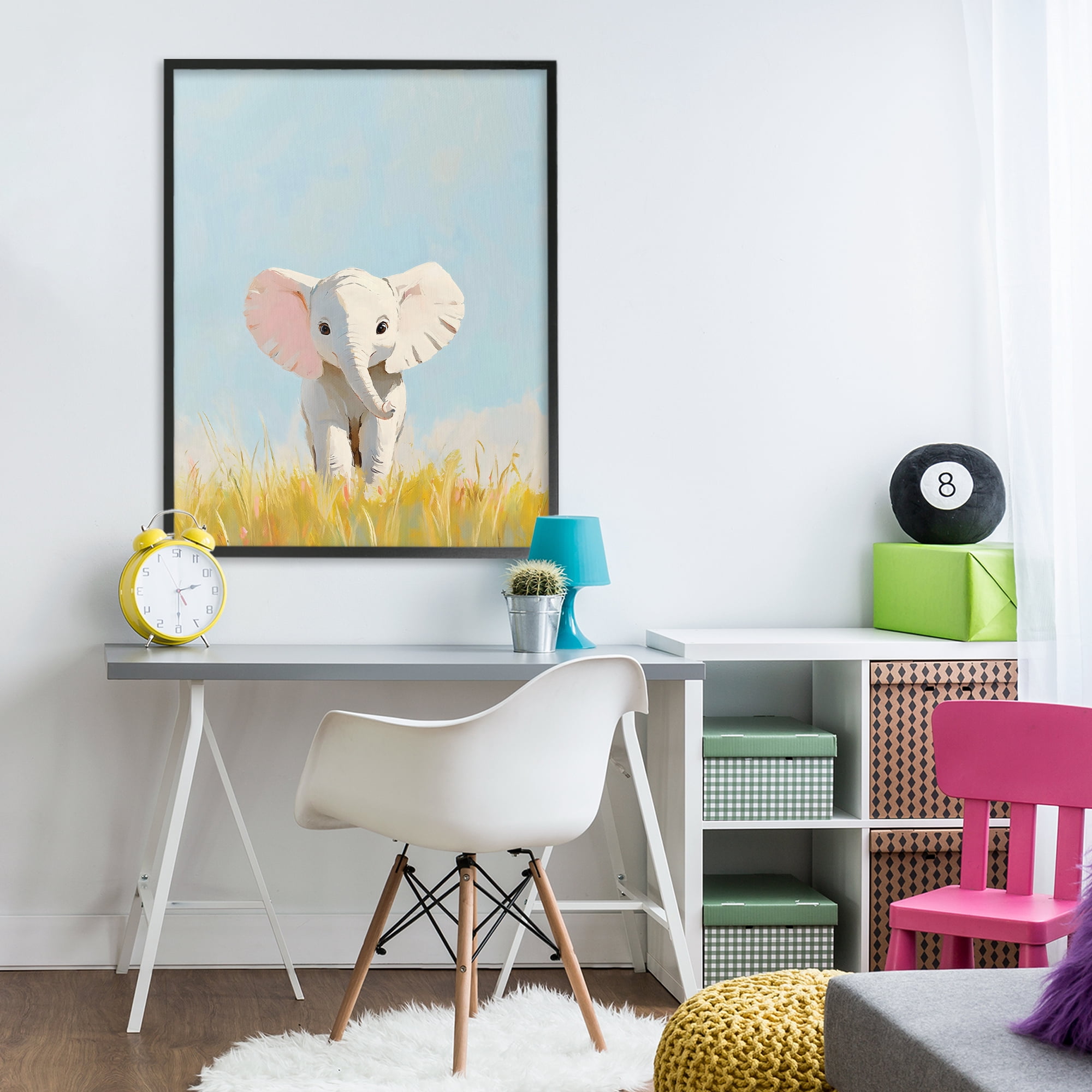 Stupell Industries White Baby Elephant in Grass Black Framed Giclee Art, design by The Prints Vibe