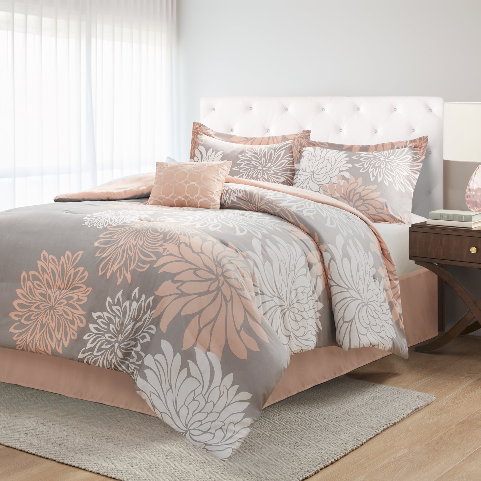Regency Heights Queen Size Comforter Set, 5-Piece Floral Bedding Set for All Season, Blush Comforter Set Queen with Bed Skirt