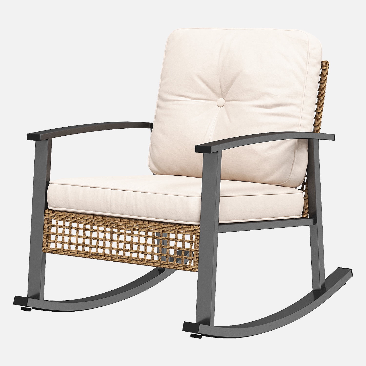 BaPiPro 3-Piece Outdoor Rocking Chair Set, All-Weather PE Wicker Patio Furniture with Water-Resistant Cushions, Rust-Proof Steel Frame, 2-Tier Coffee Table, for Porch Backyard, Off-White