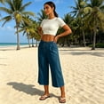 thumbnail image 4 of Besolor Summer Capris for Women Wide Leg Elastic Waisted Drawstring Casual Loose Lightweight Daily Wear Beach Capri Pants with Pockets, 4 of 7